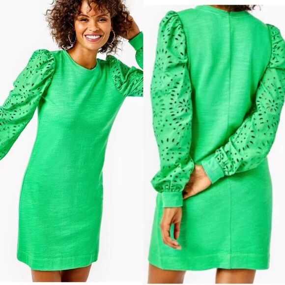 Lilly Pulitzer Kelly Green LS Jasona Eyelet Dress Size XXS Cotton Mini Dress - Picture 1 of 9